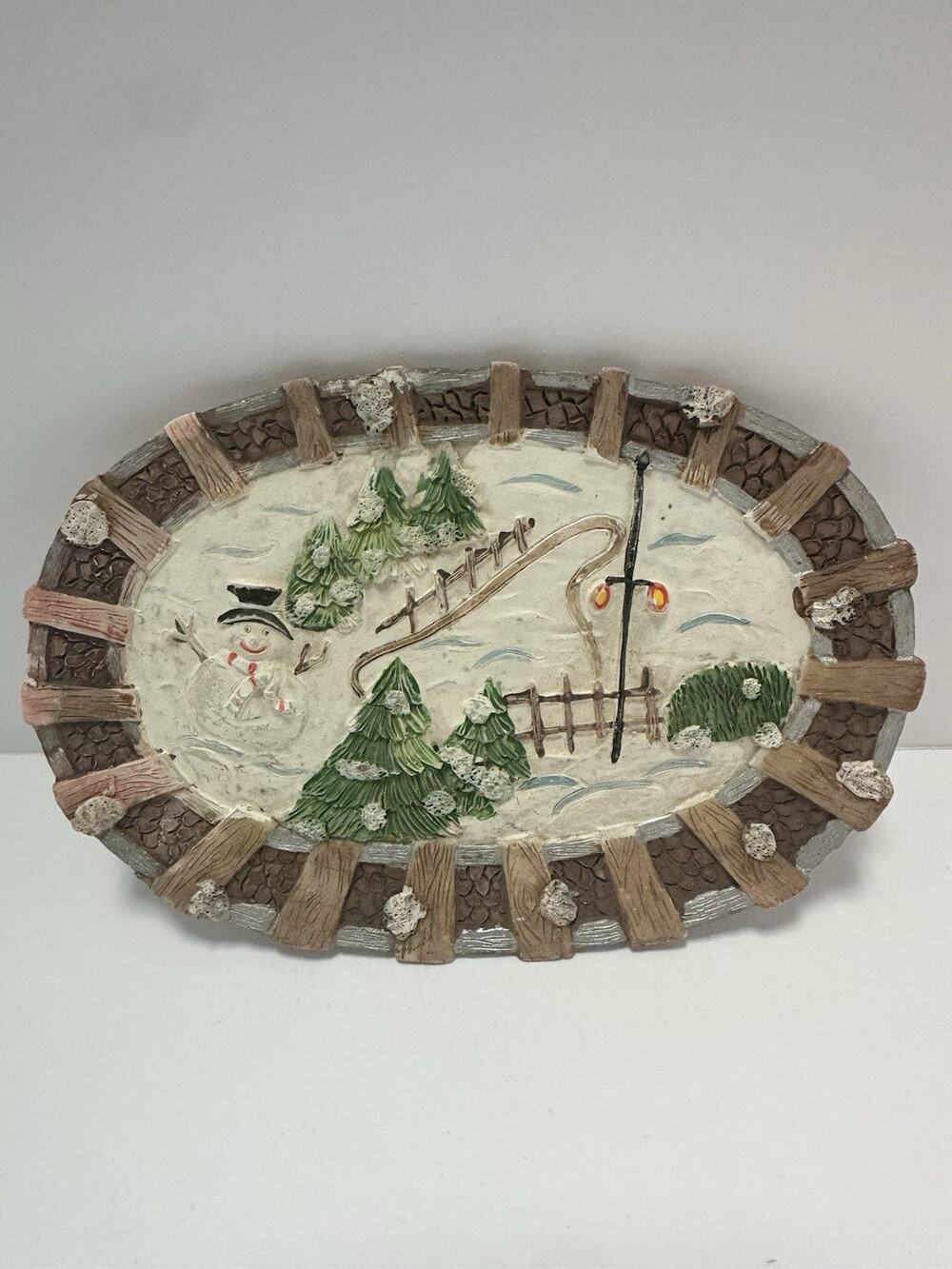 Vintage Christmas Snowman Ski Lodge Scene Oval Resin Figurine Winter Decor 7"